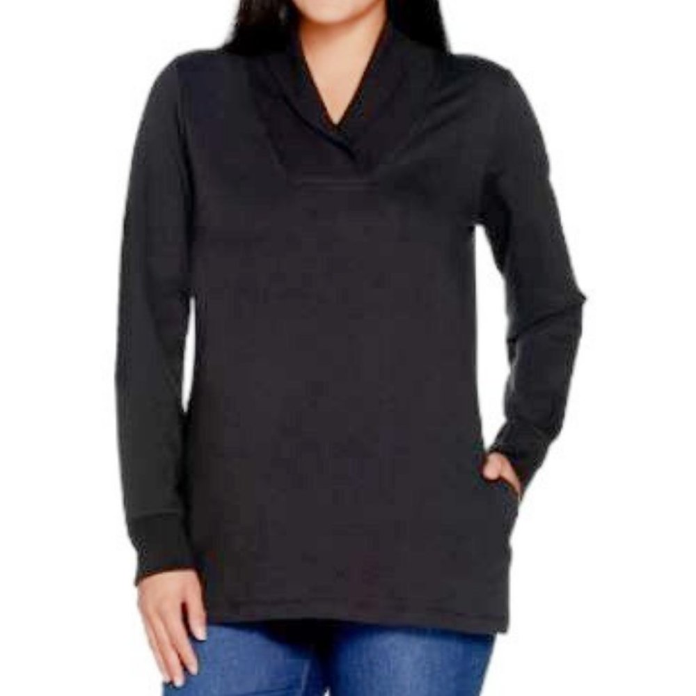 Denim & Co. Terry Long Sleeve Rib Shawl Collar Tunic  8535